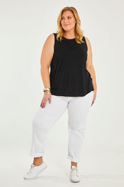 Model Caitlin wearing size 20 of the Belle Luxe Bamboo Tank in colour Black (Black), from the front, showing the whole outfit