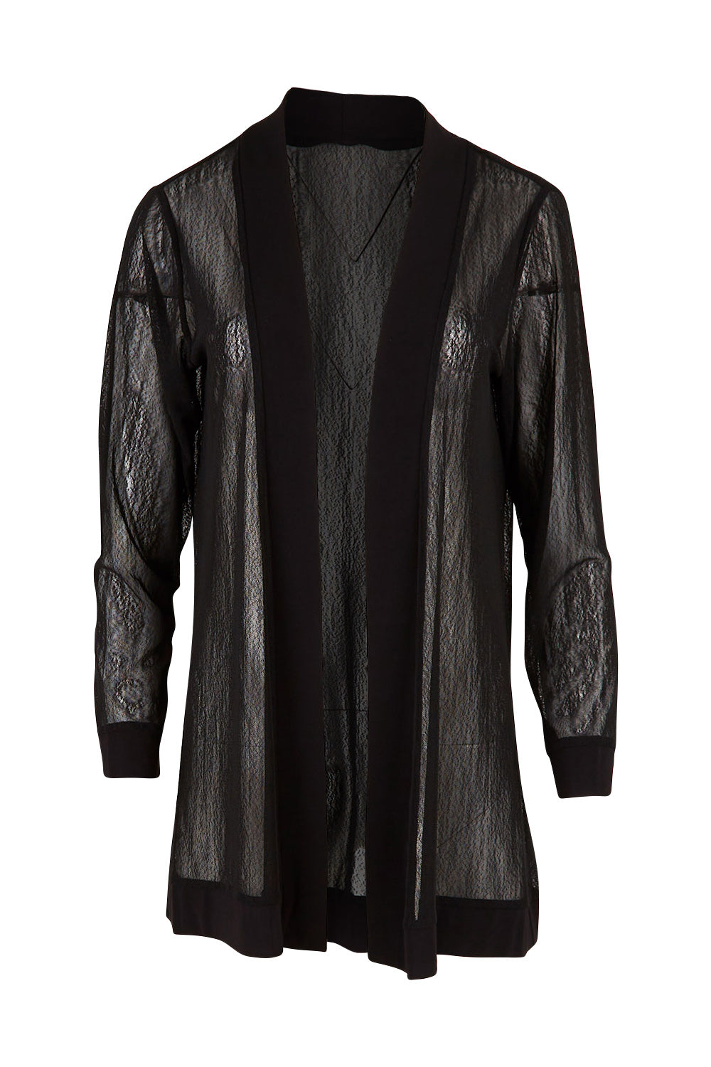 Product shot of the Belle Long Mesh Cardigan in colour Black (Black), from the front