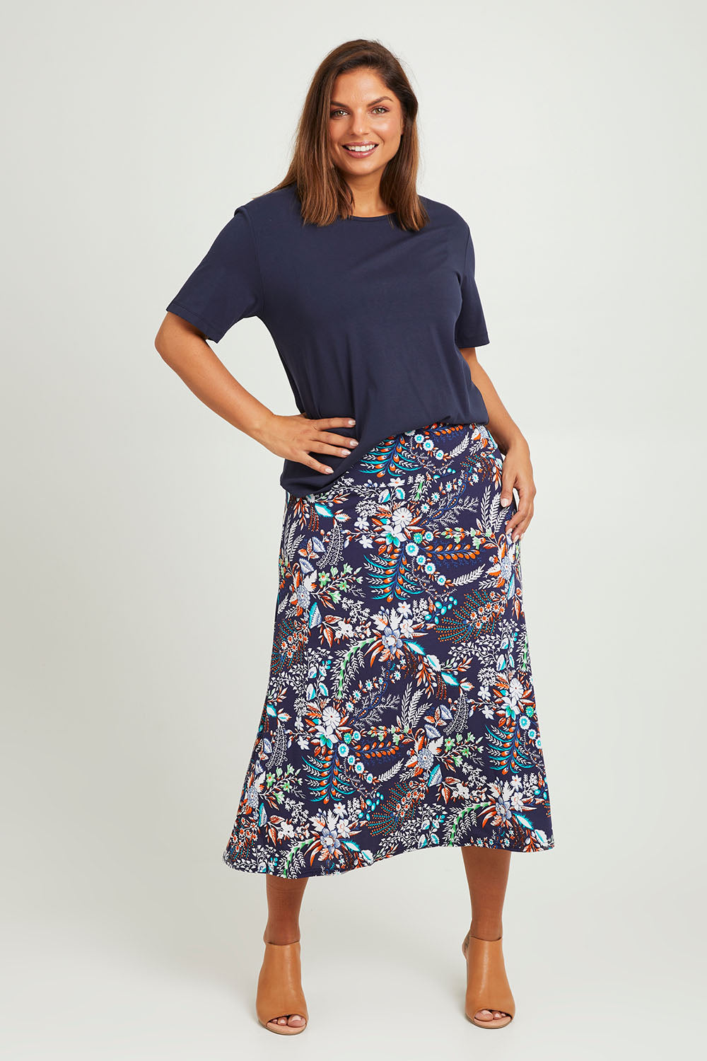 Preloved Belle Pull On Printed Skirt - Navyprint