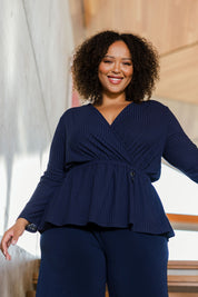 Model Alexis wearing size 18 of the Belle X Over Long Sleeve Tee in colour Navy (Blue), from the front, cropped image