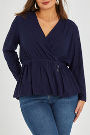 Model Monique wearing size 14 of the Belle X Over Long Sleeve Tee in colour Navy (Blue), from the front, cropped image