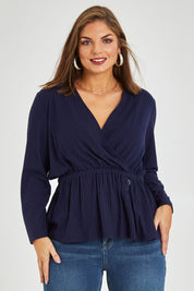 Model Monique wearing size 14 of the Belle X Over Long Sleeve Tee in colour Navy (Blue), from the front, cropped image