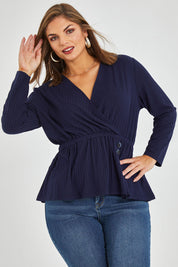 Model Monique wearing size 14 of the Belle X Over Long Sleeve Tee in colour Navy (Blue), from the front, cropped image