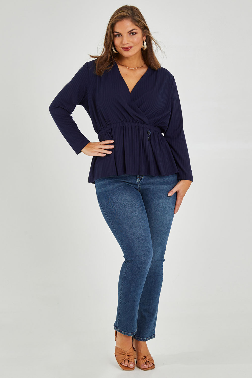 Model Monique wearing size 14 of the Belle X Over Long Sleeve Tee in colour Navy (Blue), from the front, showing the whole outfit