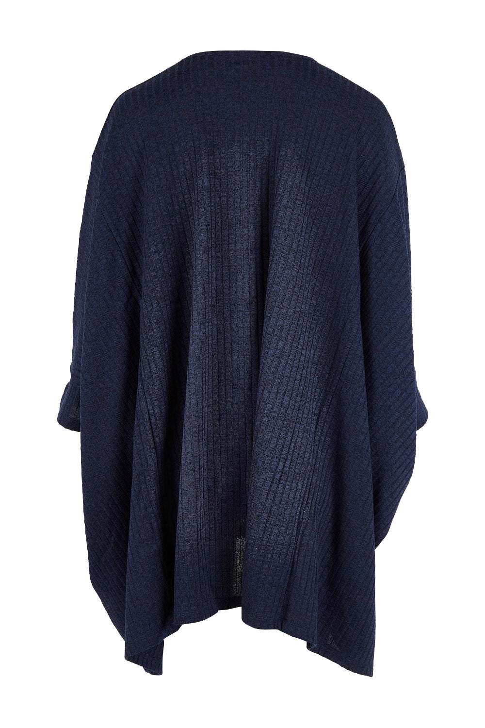 Product shot of the Belle Rib Knit Throw Over in colour Navymarle (Blue), from the back
