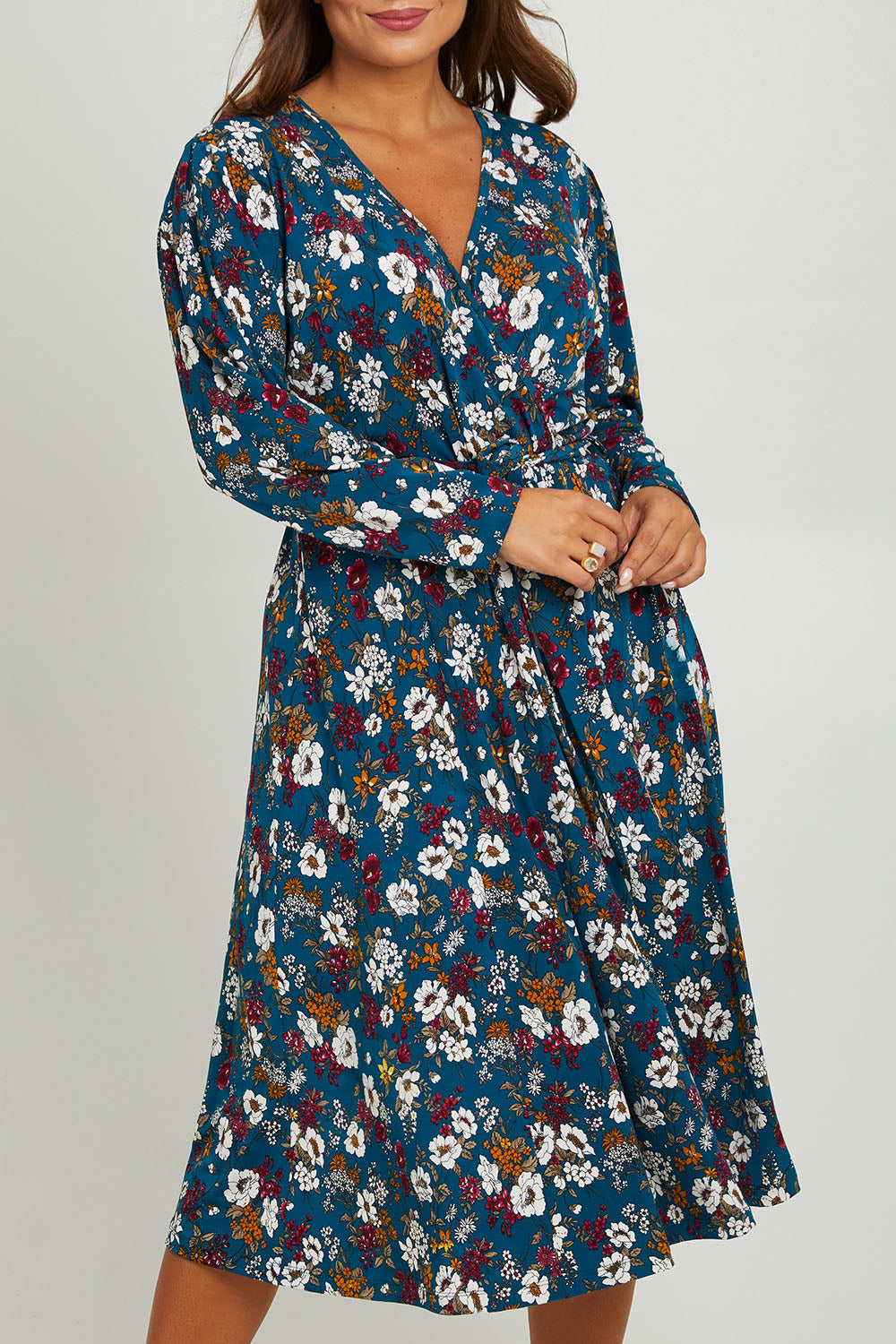 Preloved Belle Printed Faux Wrap Dress - Tealfleur