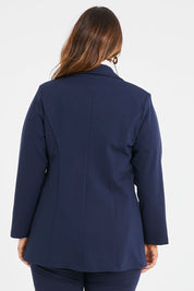 Model Laura wearing size 14 of the Belle Comfort Ponte Blazer in colour Deepnavy (Blue), from the back