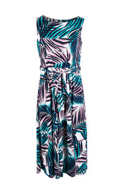 Product shot of the Belle Sleeveless Full Skirt Dress in colour Palmprint (Blue), from the front