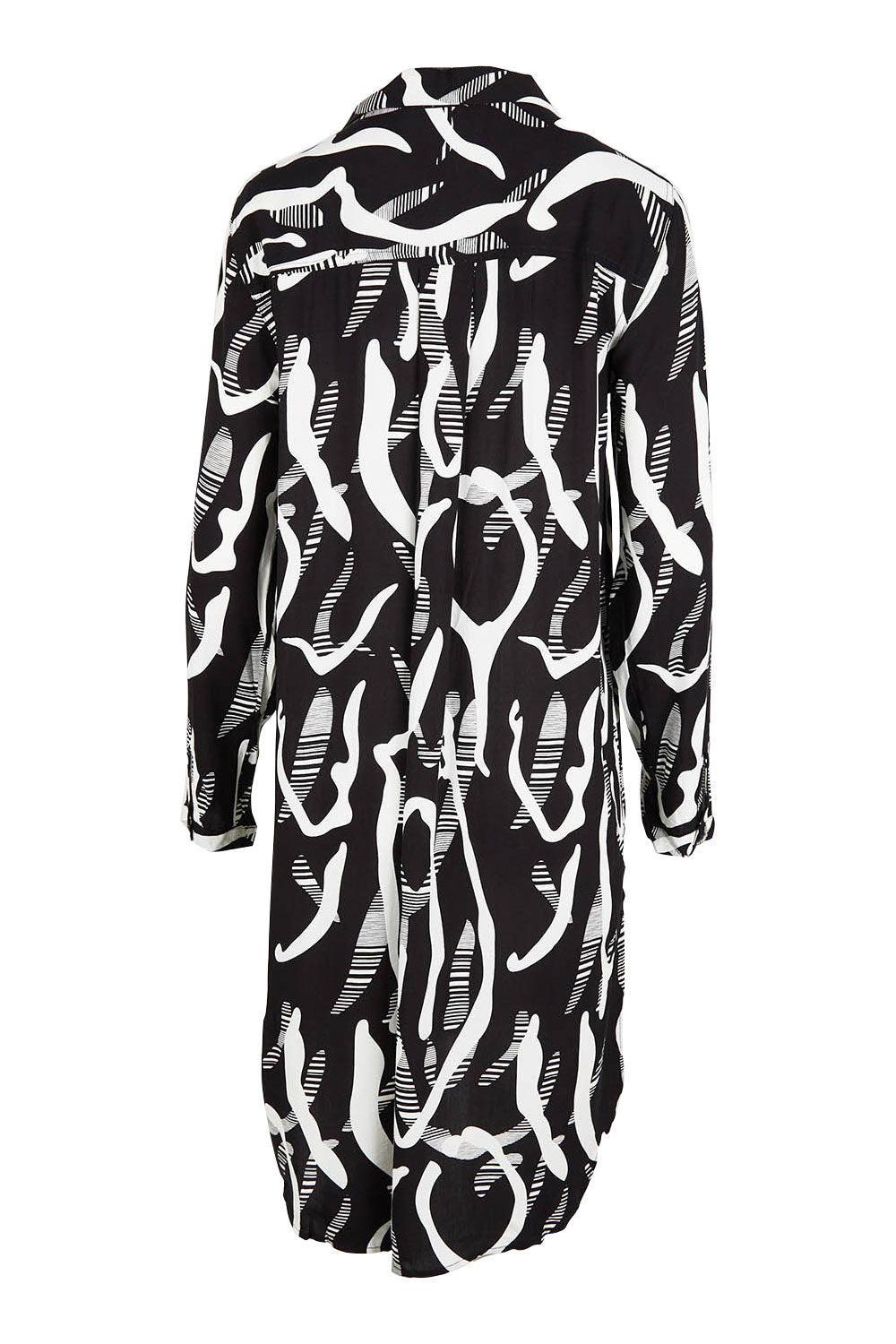 Product shot of the Belle Relaxed Long Printed Shirt in colour Blackivory (Black), from the back