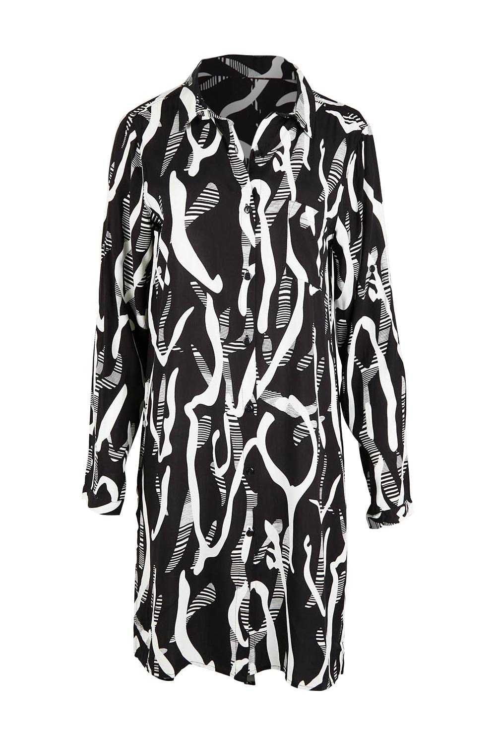 Product shot of the Belle Relaxed Long Printed Shirt in colour Blackivory (Black), from the front