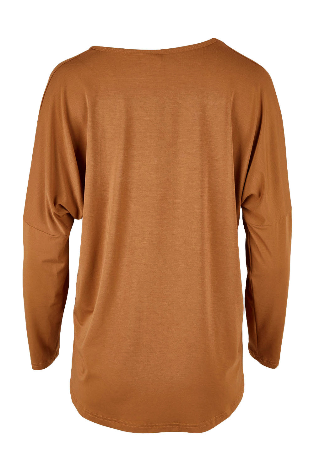 Product shot of the Belle Luxe Bamboo V Neck Tee in colour Tawny, from the back