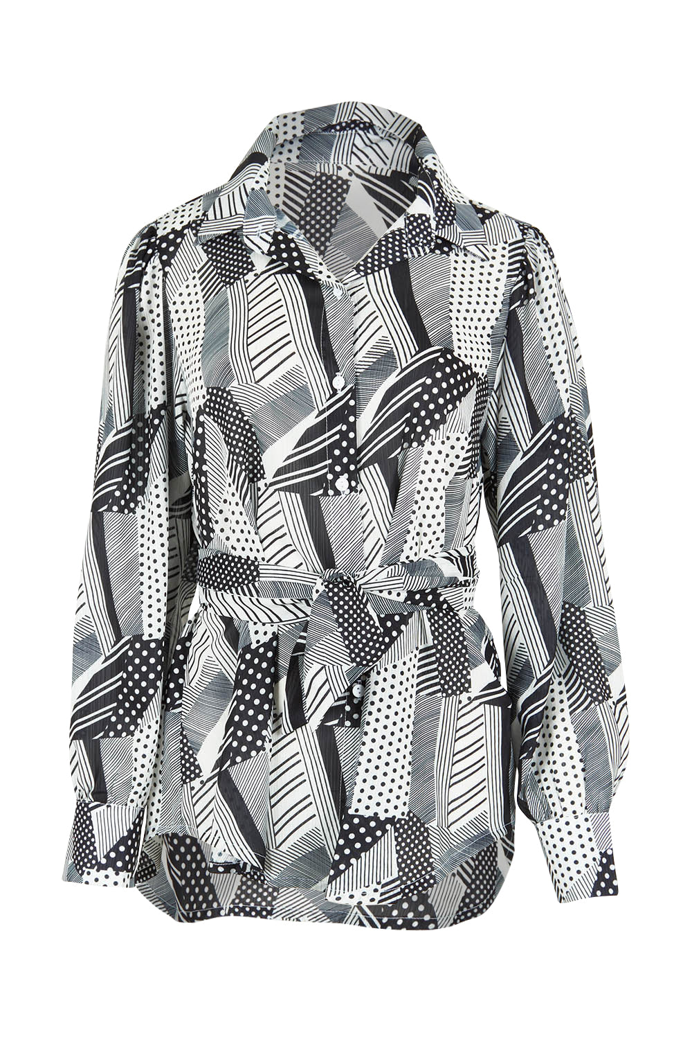 Product shot of the Belle Full Sleeve Printed Shirt in colour Blackivory (Black), from the front