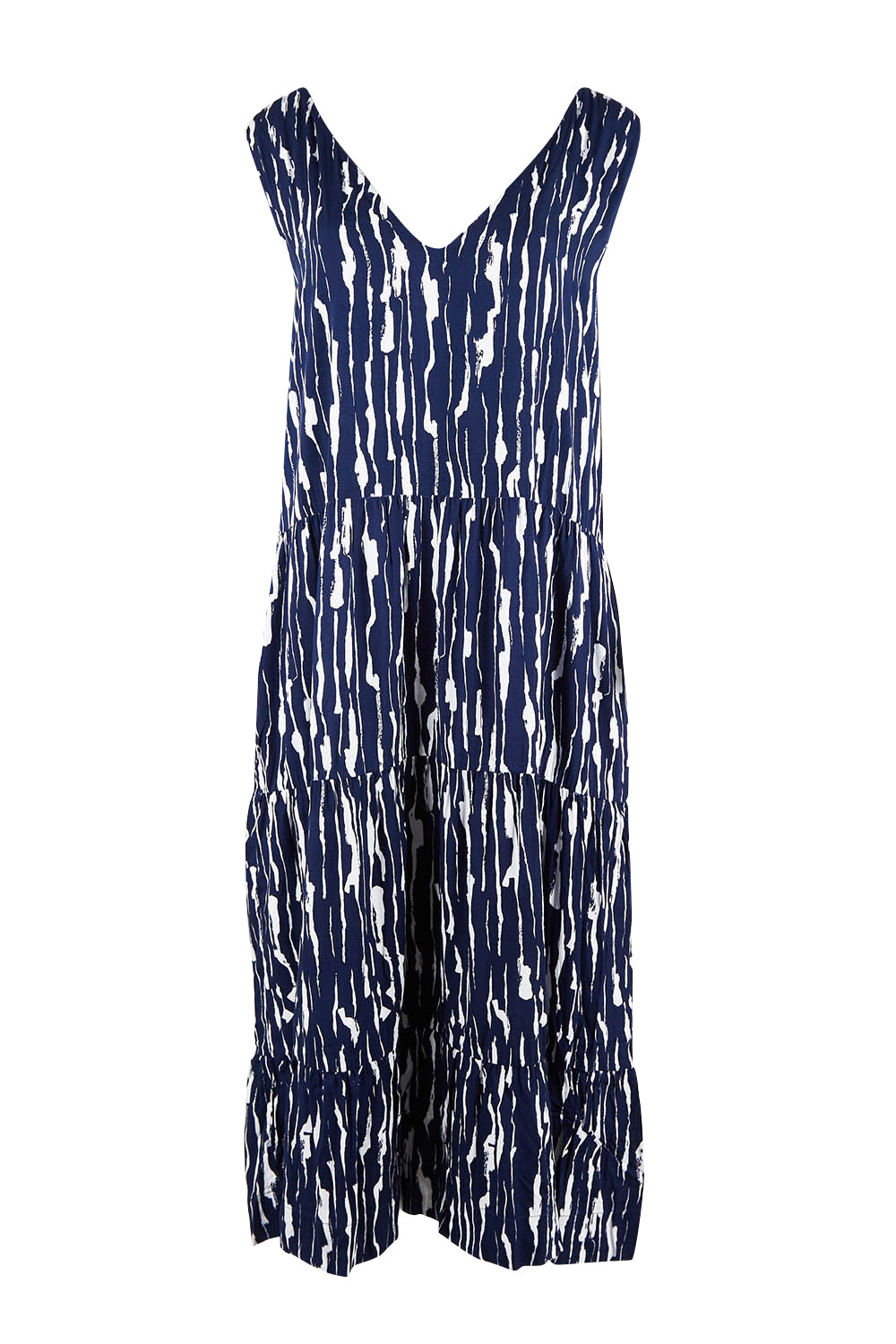 Product shot of the Belle V Neck Reversible Dress in colour Navywhite (Blue), from the front