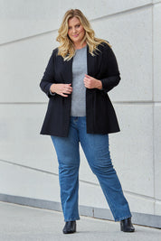 Model Caitlin wearing size 18 of the Belle Checked Jacket in colour Blackgrey (Black), from the front, showing the whole outfit