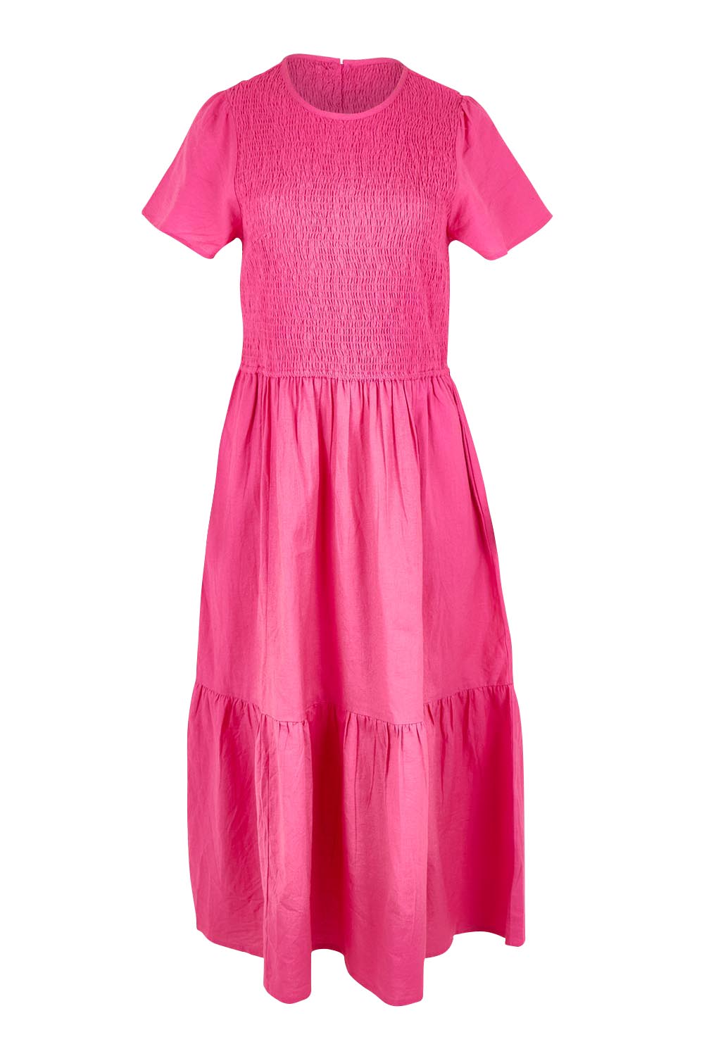 Product shot of the Belle Cotton Shirred Bodice Dress in colour Candypink (Pink), from the front