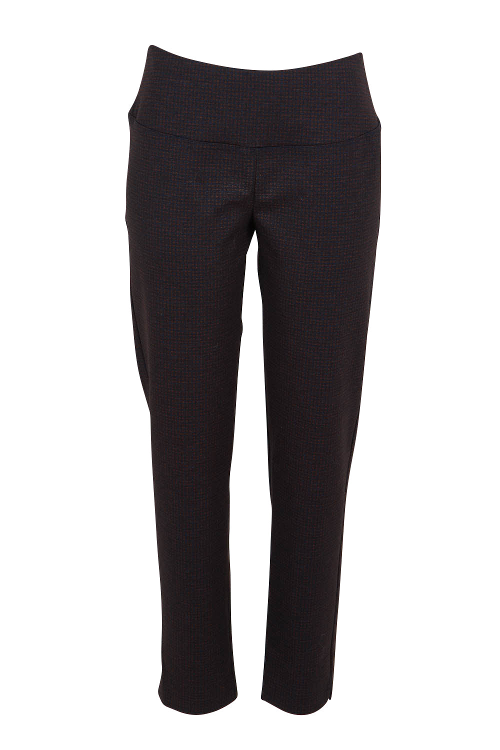 Product shot of the Belle Printed Ponte Pull On Pant in colour Ochrenavy (Blue), from the front