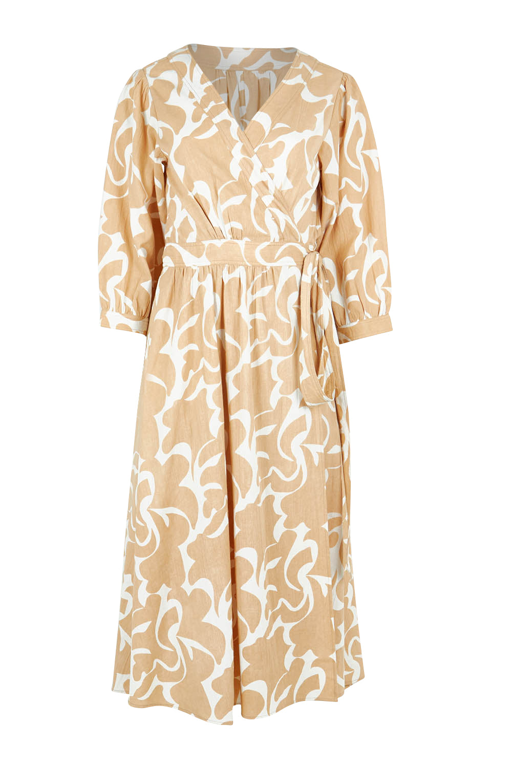Product shot of the Belle Puff Sleeve Wrap Dress in colour Croissant, from the front