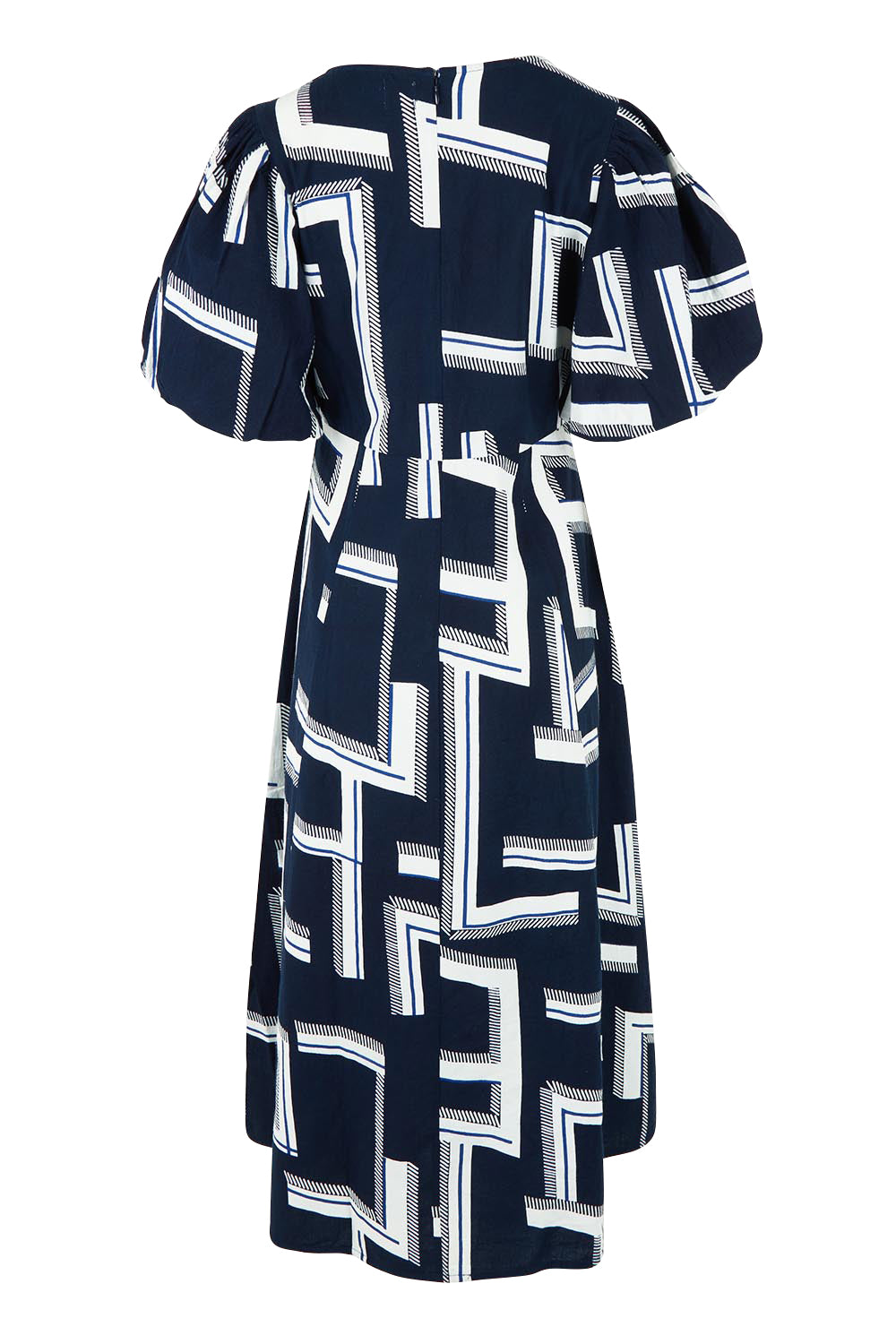Product shot of the Belle Printed Twist Knot Detail Cotton Dress in colour Bluegeo (Blue), from the back