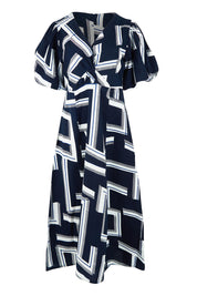 Product shot of the Belle Printed Twist Knot Detail Cotton Dress in colour Bluegeo (Blue), from the front