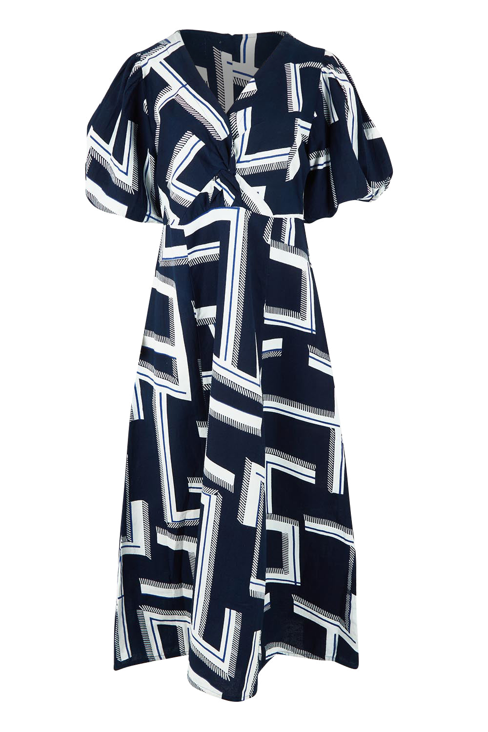 Product shot of the Belle Printed Twist Knot Detail Cotton Dress in colour Bluegeo (Blue), from the front