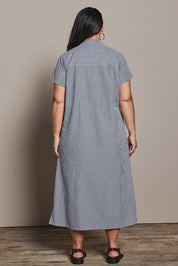 Model Ashleigh wearing size 16 of the Belle Striped Cotton Shirtmaker Dress in colour Blackwhite (Black), from the back