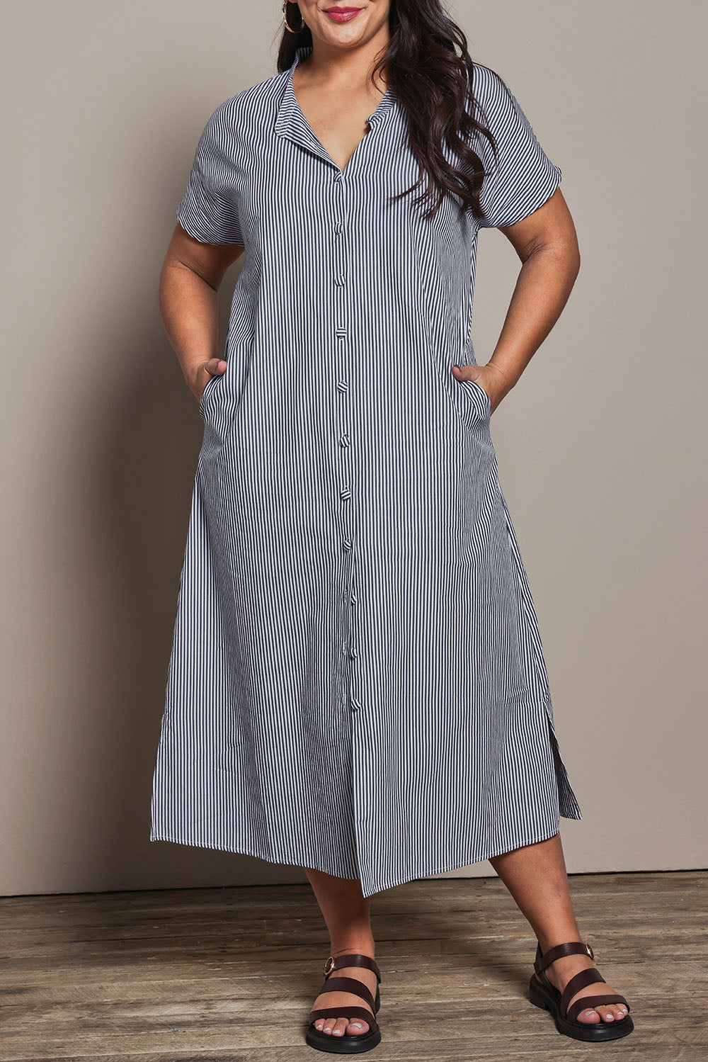 Model Ashleigh wearing size 16 of the Belle Striped Cotton Shirtmaker Dress in colour Blackwhite (Black), from the front, cropped image