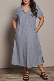 Model Ashleigh wearing size 16 of the Belle Striped Cotton Shirtmaker Dress in colour Blackwhite (Black), from the front, cropped image