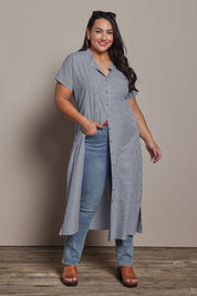 Model Ashleigh wearing size 16 of the Belle Striped Cotton Shirtmaker Dress in colour Blackwhite (Black), from the front, showing the whole outfit