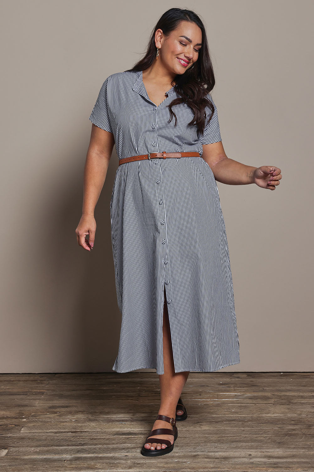 Model Ashleigh wearing size 16 of the Belle Striped Cotton Shirtmaker Dress in colour Blackwhite (Black), from the front, showing the whole outfit