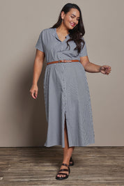 Model Ashleigh wearing size 16 of the Belle Striped Cotton Shirtmaker Dress in colour Blackwhite (Black), from the front, showing the whole outfit