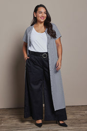 Model Ashleigh wearing size 16 of the Belle Striped Cotton Shirtmaker Dress in colour Blackwhite (Black), from the front, showing the whole outfit