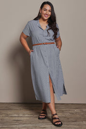 Model Ashleigh wearing size 16 of the Belle Striped Cotton Shirtmaker Dress in colour Blackwhite (Black), from the front, showing the whole outfit