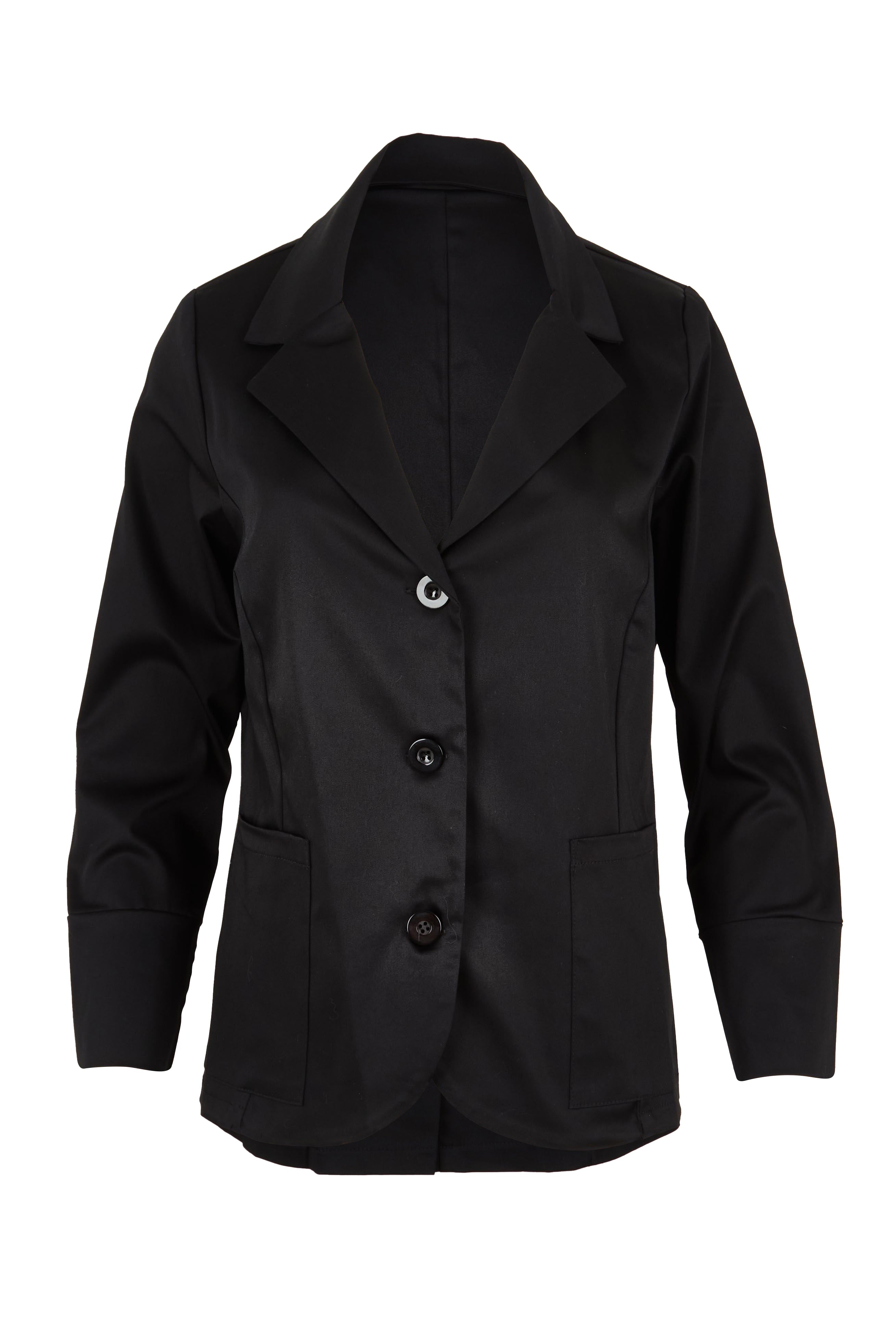 Product shot of the Belle Button Up Cotton Stretch  Blazer in colour Black (Black), from the front