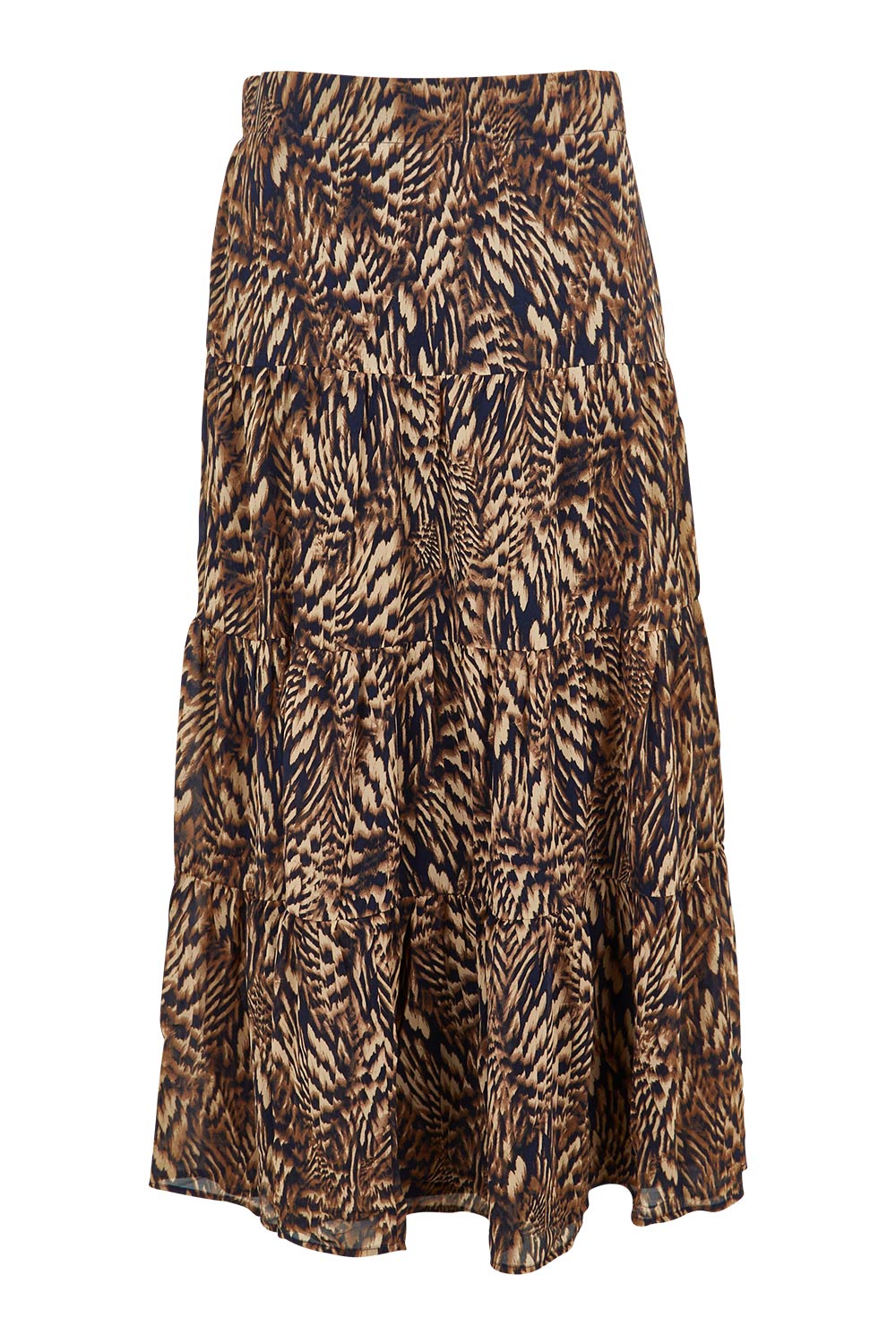 Product shot of the Belle Pull On Printed Tiered Skirt in colour Blacksand (Black), from the front