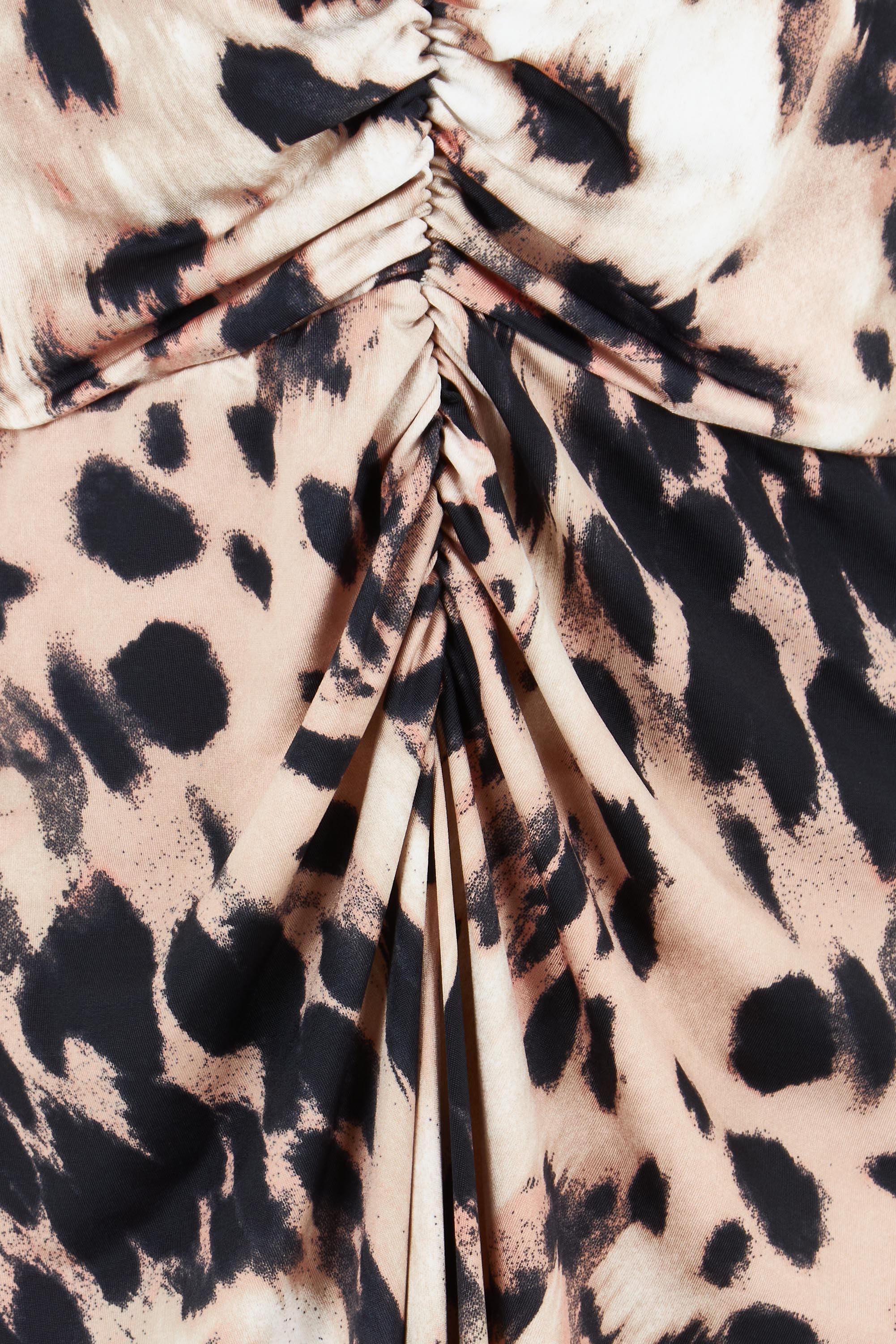 Product shot of the Belle Printed Rouched Maxi Dress in colour Leopard, detail