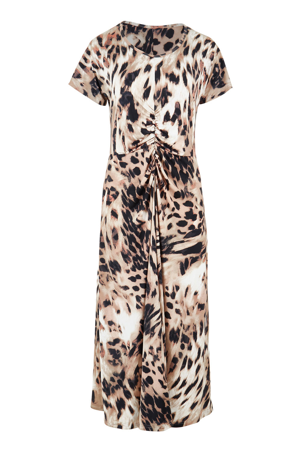 Product shot of the Belle Printed Rouched Maxi Dress in colour Leopard, from the front