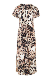 Product shot of the Belle Printed Rouched Maxi Dress in colour Leopard, from the front