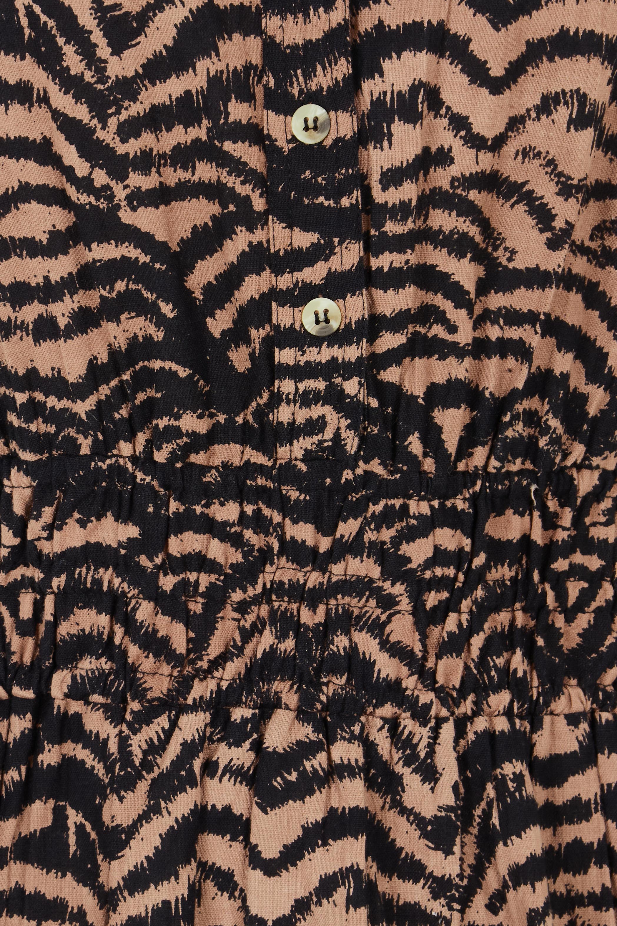Product shot of the Belle Printed Cotton Shirred Dress With Pockets in colour Blackcamel (Black), detail