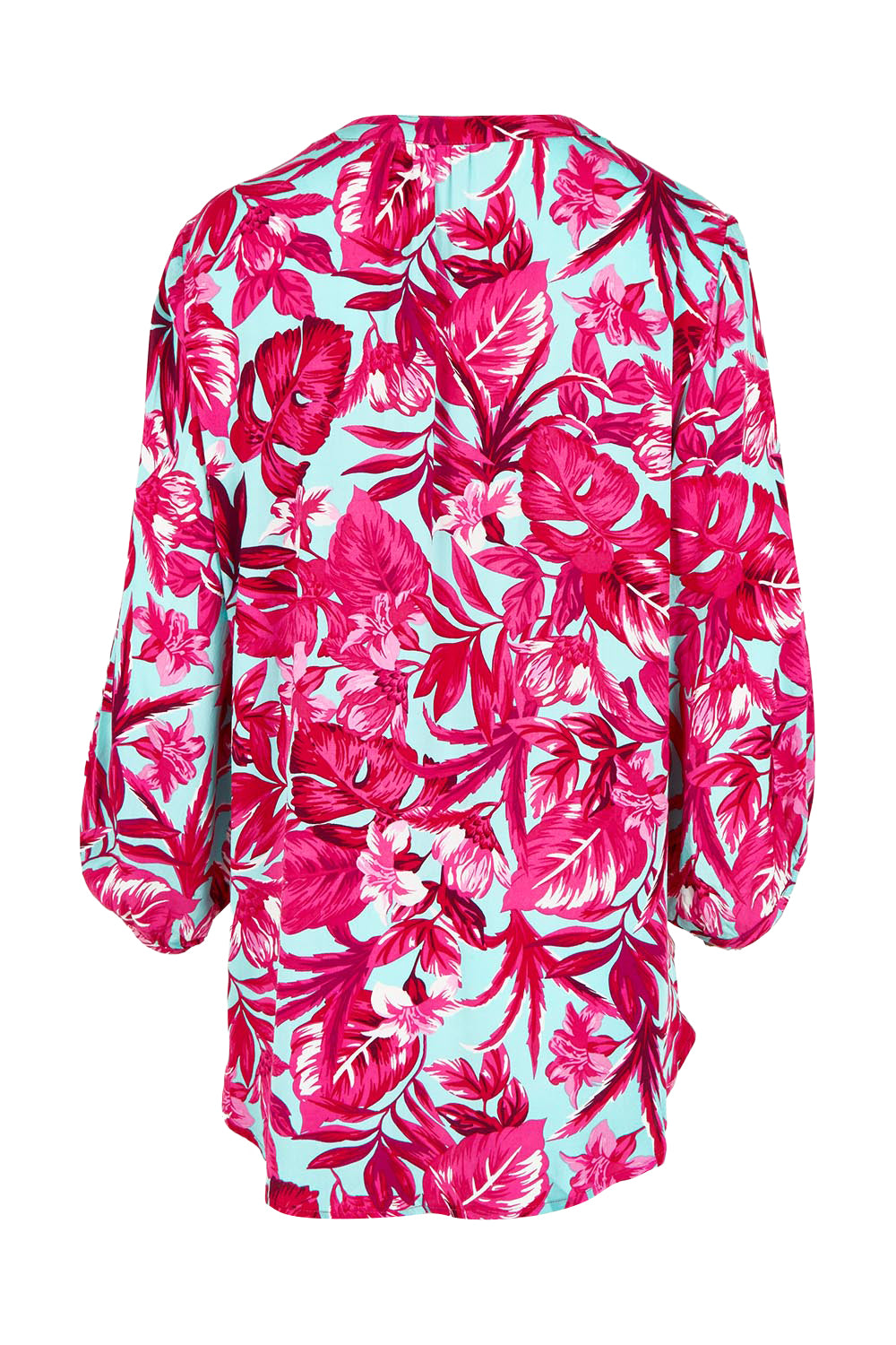 Product shot of the Belle Printed Full Sleeve Shirt in colour Aquafusch (Pink), from the back