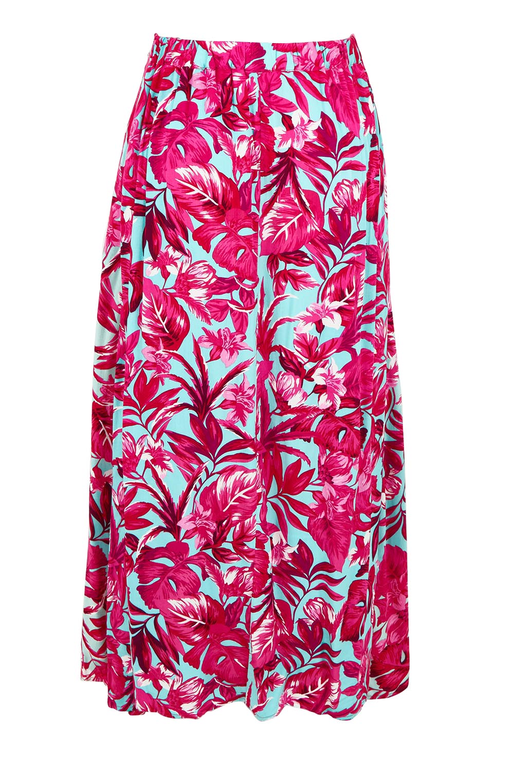 Product shot of the Belle Printed Pull On Full Skirt with Pockets in colour Aquafusch (Pink), from the back