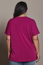Model Ashleigh wearing size 16 of the Belle Soft Draped Shoulder Tee in colour Magenta (Pink), from the back