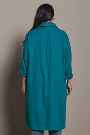 Model Ashleigh wearing size 16 of the Belle 3 Way Linen Blend Shirtmaker Dress in colour Aqua (Blue), from the back