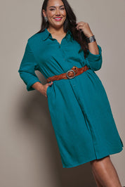 Model Ashleigh wearing size 16 of the Belle 3 Way Linen Blend Shirtmaker Dress in colour Aqua (Blue), from the front, cropped image