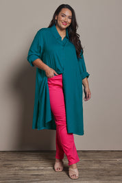 Model Ashleigh wearing size 16 of the Belle 3 Way Linen Blend Shirtmaker Dress in colour Aqua (Blue), from the front, showing the whole outfit