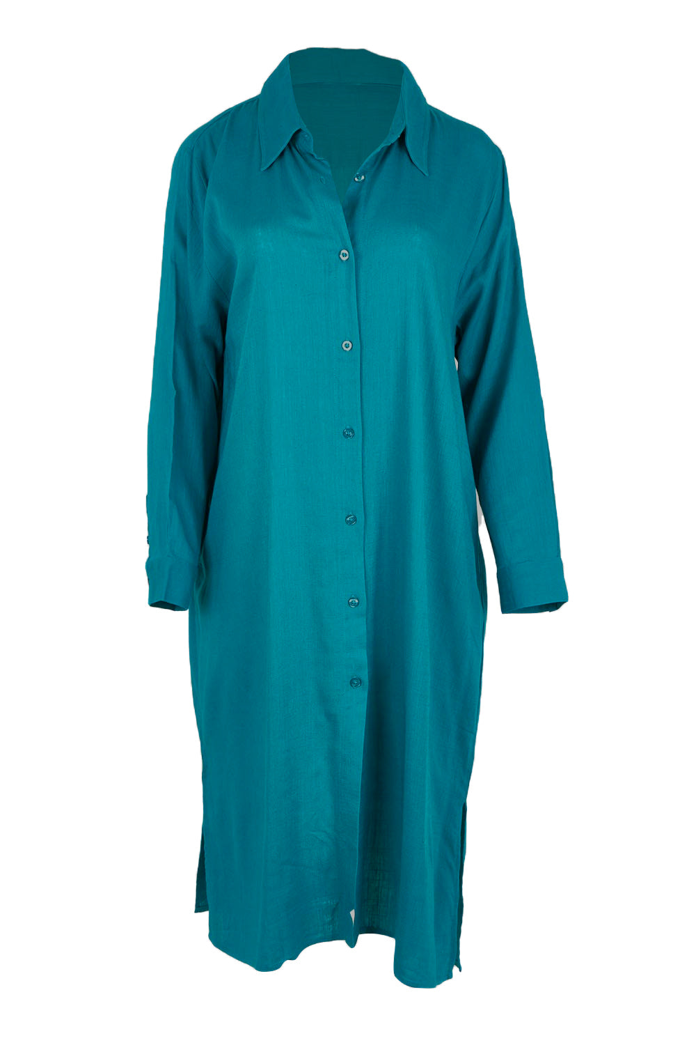 Product shot of the Belle 3 Way Linen Blend Shirtmaker Dress in colour Aqua (Blue), from the front