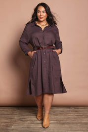 Model Ashleigh wearing size 16 of the Belle 3 Way Linen Blend Shirtmaker Dress in colour Deepcocoa, from the front, showing the whole outfit