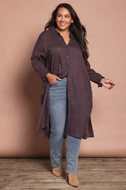 Model Ashleigh wearing size 16 of the Belle 3 Way Linen Blend Shirtmaker Dress in colour Deepcocoa, from the front, showing the whole outfit