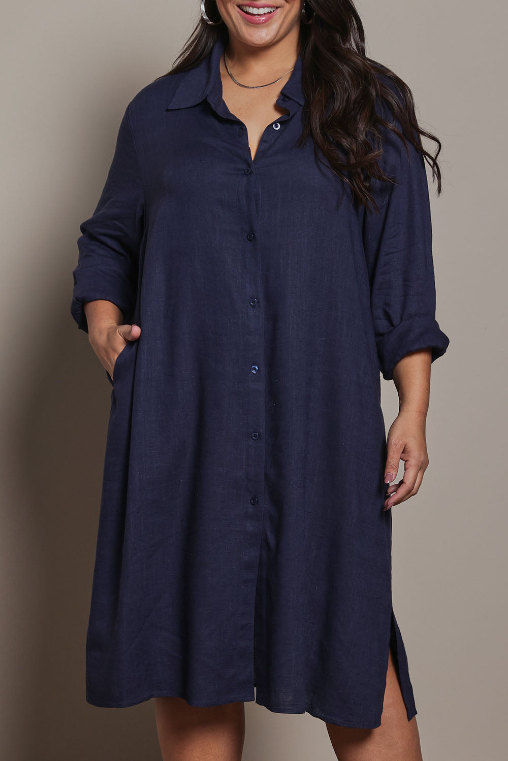 Model Ashleigh wearing size 16 of the Belle 3 Way Linen Blend Shirtmaker Dress in colour Navy (Blue), from the front, cropped image