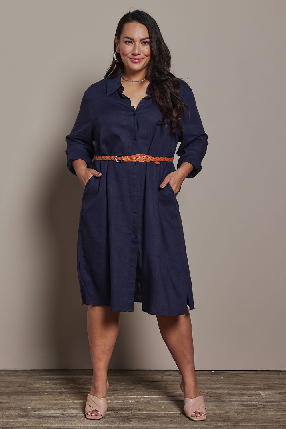 Model Ashleigh wearing size 16 of the Belle 3 Way Linen Blend Shirtmaker Dress in colour Navy (Blue), from the front, showing the whole outfit