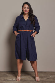Model Ashleigh wearing size 16 of the Belle 3 Way Linen Blend Shirtmaker Dress in colour Navy (Blue), from the front, showing the whole outfit